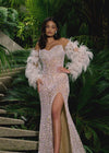 Video White ASHLEYlauren 11359 fully beaded fitted gown featuring an off-shoulder sweetheart neckline, feather sleeves, and a left leg slit for added glamour.