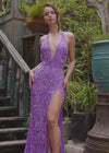 Video - Orchid ASHLEYlauren 11283 halter gown featuring a V-neckline, open back, intricate beading throughout, and a left leg slit.