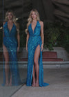 Video - ASHLEYlauren 11805 Fully Beaded Gown with Halter Neckline, Deep V-Neck, Open Back, and Left Leg Slit