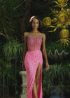 Video - Pink ASHLEYlauren 11236 jaw-dropping strapless gown featuring a fitted silhouette, corset bustier with stunning crystal beadwork, a fully beaded wrap skirt, and a left leg slit for a glamorous red carpet-worthy look.