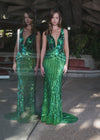 Emerald ASHLEYlauren 11790 Fully Beaded Gown with V-Neckline, V-Back, and Curve-Enhancing Beadwork