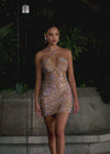 Video -  Nude ASHLEYlauren 4726 cocktail dress featuring animal print-inspired beadwork, a halter neckline, illusion cut outs, press-on stones, and a fitted skirt for a bold and glamorous look.