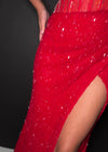 Video - ASHLEYlauren 11236 jaw-dropping strapless gown featuring a fitted silhouette, corset bustier with stunning crystal beadwork, a fully beaded wrap skirt, and a left leg slit for a glamorous red carpet-worthy look.