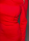 Video -  Red ASHLEYlauren 4674 fitted scuba cocktail dress featuring an asymmetrical neckline, long sleeves, and a classic waistband detail for a sleek and sophisticated look.