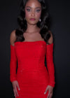 Video - Red ASHLEYlauren 4598 form-fitting strapless cocktail dress featuring elegant ruching, detachable sleeves, and heat-set stones for a glamorous and versatile statement look.