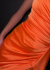 Video - Orange ASHLEYlauren 4597 one shoulder satin cocktail dress featuring a sweetheart neckline, ruching throughout, a ruffle detail down the hip, and a wrap skirt for a timeless yet modern look.