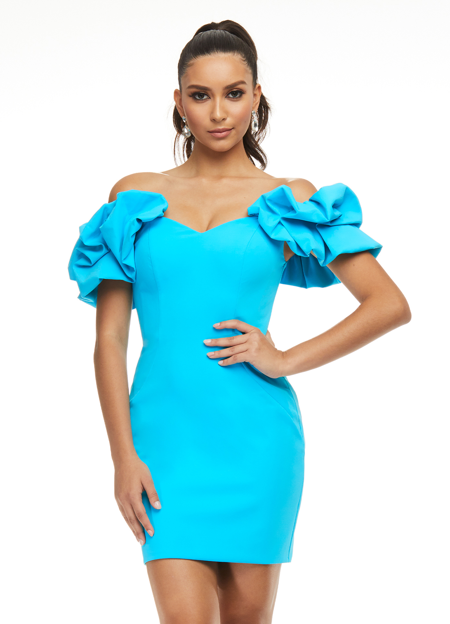 4451 Off Shoulder Scuba Cocktail Dress with Oversized Ruffles