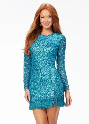 4438 Fully Beaded Long Sleeve Cocktail Dress with Fringe Trim