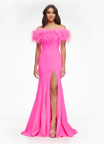 11099 Feather Off the Shoulder Scuba Gown