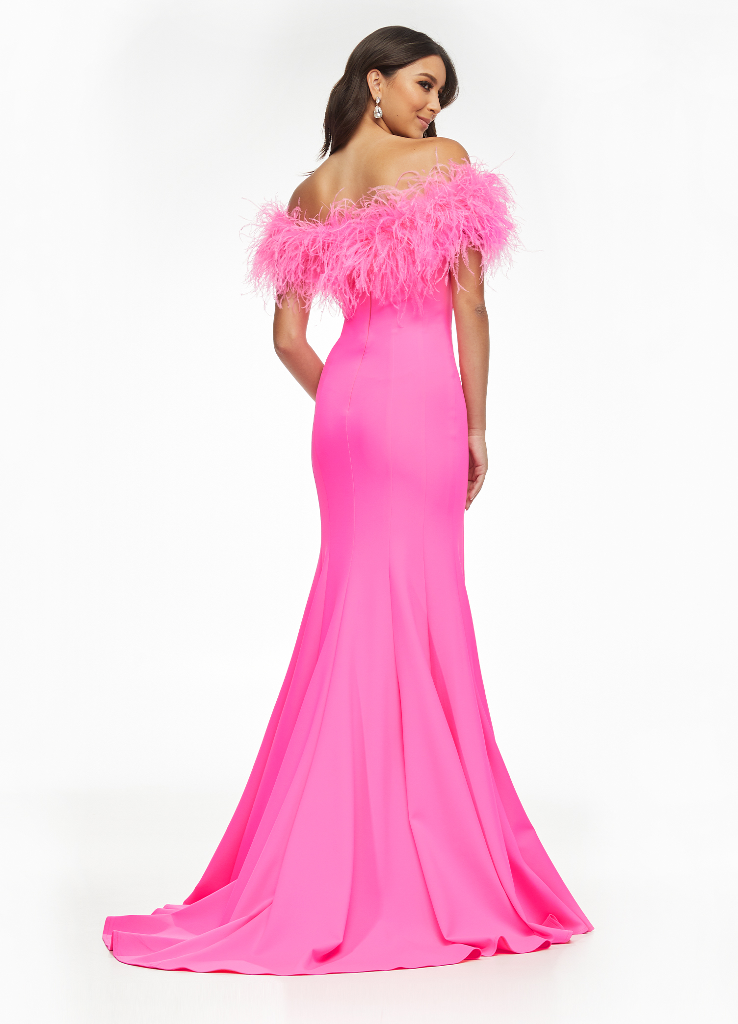 ASHLEYlauren - Feather Off the Shoulder Scuba Gown | ASHLEYlauren