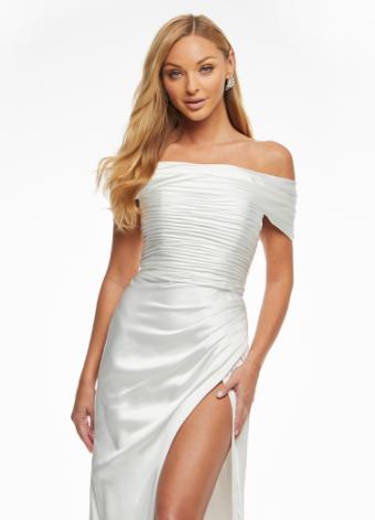 11093 Rouched Satin Off Shoulder Gown