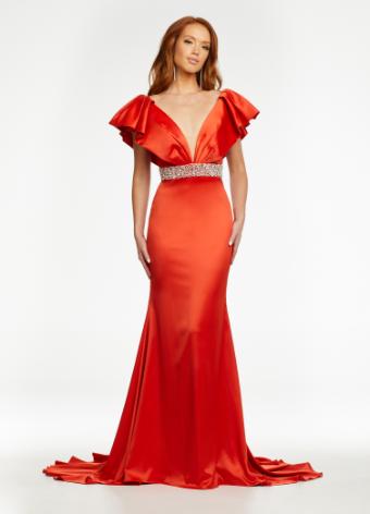 11130 Ruffle Shoulder Satin Evening Gown