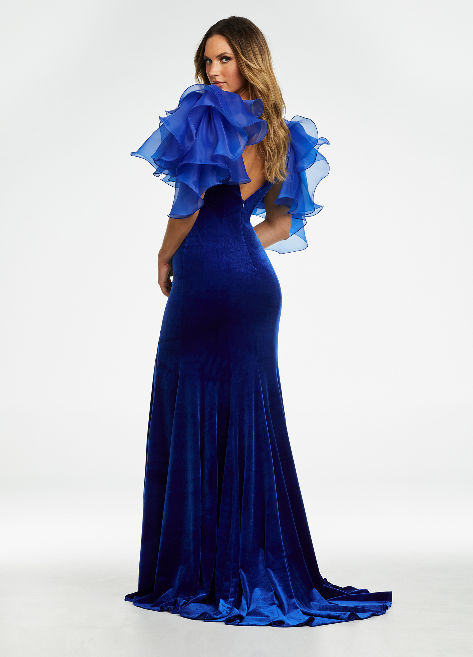 ASHLEYlauren - Velvet Gown with Shoulder Ruffle Details | ASHLEYlauren