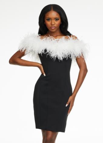 4490 Fitted Scuba Cocktail Dress with Feather Detail
