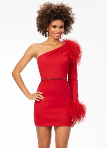 4526 Fitted One shoulder Cocktail with Feather Details