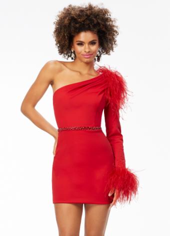 4526 Fitted One shoulder Cocktail with Feather Details