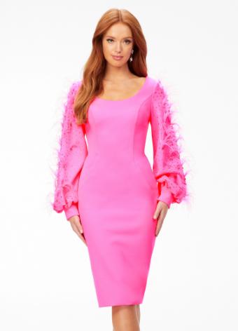 4545 Fitted Long Sleeve Cocktail Dress with Feather Details