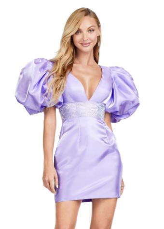 4549 Fitted V-Neckline Cocktail Dress with Puff Sleeves