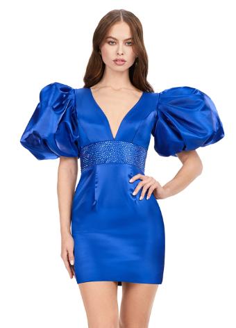 4549 Fitted V-Neckline Cocktail Dress with Puff Sleeves