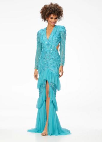 11199 Beaded V-Neck Gown with Sleeves and Ruffles