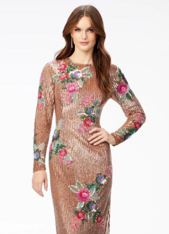 11203 Fully Beaded Long Sleeve Gown with Floral Details