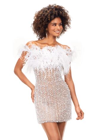 4566 Off Shoulder Beaded Cocktail Dress with Feathers