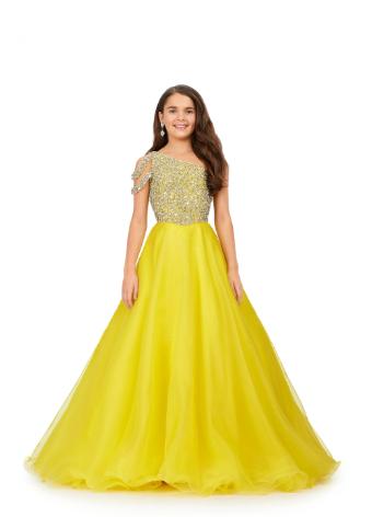 8182 Kids One Shoulder Organza Ball Gown with Shoulder Straps