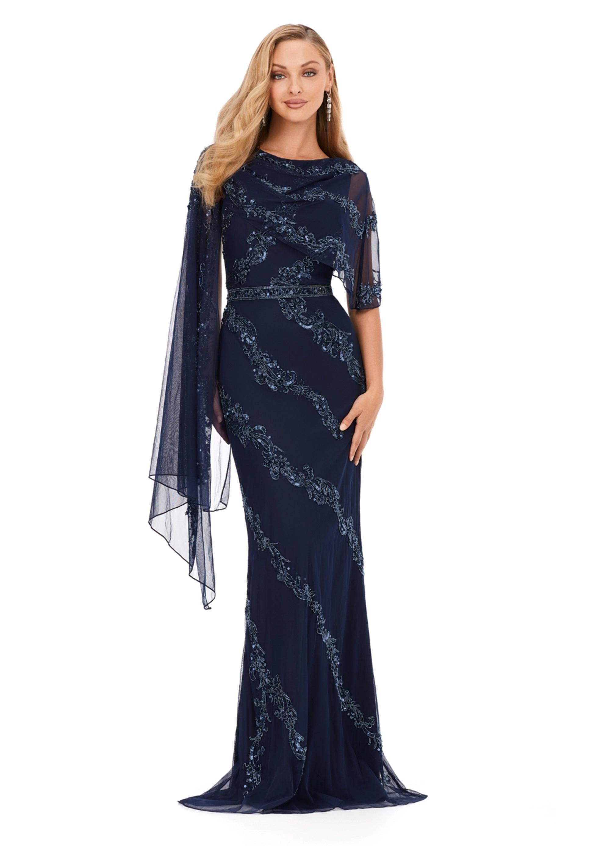 ASHLEYlauren - Beaded Evening Gown ASHLEYlauren Overlay with | Asymmetrical
