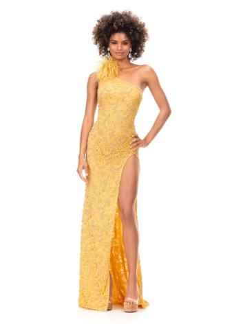 11277 Beaded One Shoulder Gown with Feathers