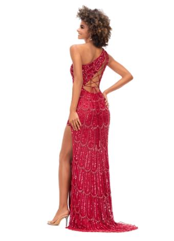 11284 One Shoulder Beaded Gown with Asymmetrical Lace Up Back