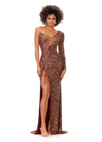 11291 Sequin One Shoulder Gown with Lace Up Details