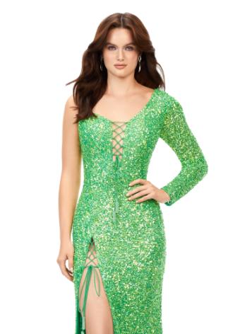 11291 Sequin One Shoulder Gown with Lace Up Details