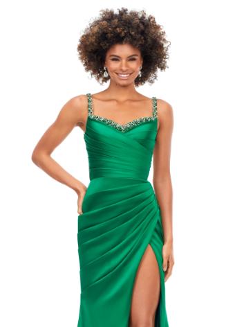 11298 Ruched Satin Gown with Lace Up Back