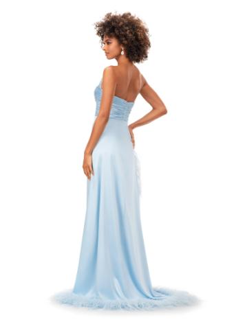 11313 Strapless Ruched Satin Gown with Feathers