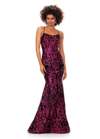 11331 Spaghetti Strap Velvet Sequin Gown with Lace Up Back