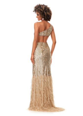 11350 Beaded One Shoulder Gown with Feathers