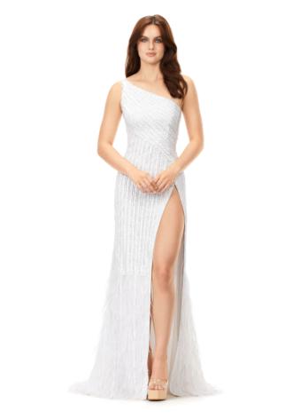 11350 Beaded One Shoulder Gown with Feathers