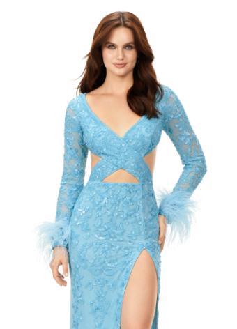 11364 Criss Cross Bodice Beaded Gown with Sleeves and Feather Details