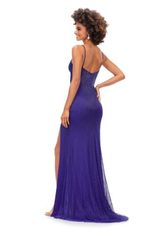 11369 Spaghetti Strap Liquid Beaded Gown with Slit