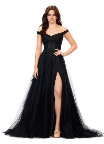 11376 Off The Shoulder Tulle Gown with Left Leg Slit