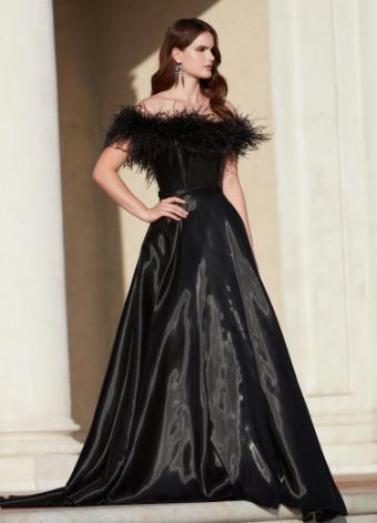 11382 Off Shoulder Satin Gown with Feather Details