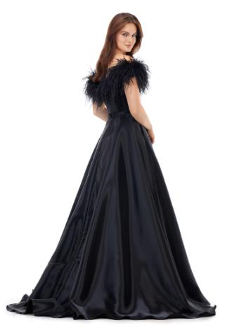 11382 Off Shoulder Satin Gown with Feather Details