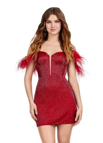 4588 Spaghetti Strap Liquid Beaded Cocktail Dress with Feathers