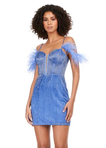 4588 Spaghetti Strap Liquid Beaded Cocktail Dress with Feathers