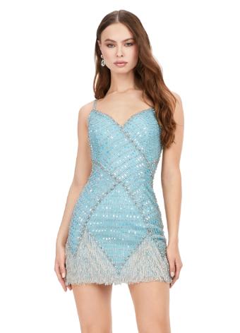 4593 Spaghetti Strap Beaded Cocktail Dress with Fringe