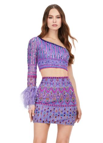 4597 Two Piece Beaded Cocktail Dress with Feather Cuff