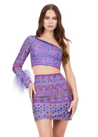 4597 Two Piece Beaded Cocktail Dress with Feather Cuff