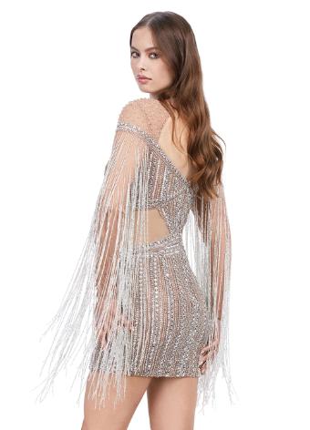 4601 Beaded Cocktail Dress with Illusion Cut Outs and Fringe