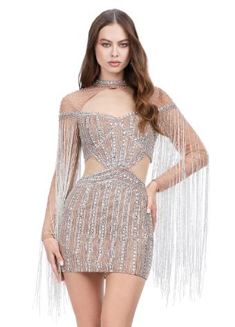 4601 Beaded Cocktail Dress with Illusion Cut Outs and Fringe