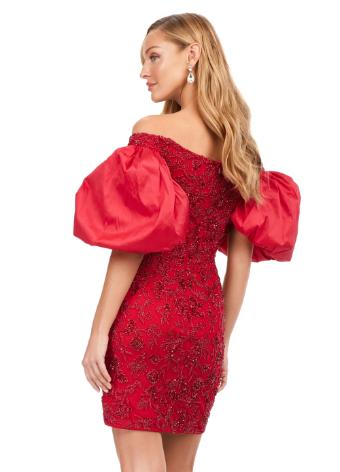 4609 Off Shoulder Beaded Cocktail Dress with Puff Sleeves